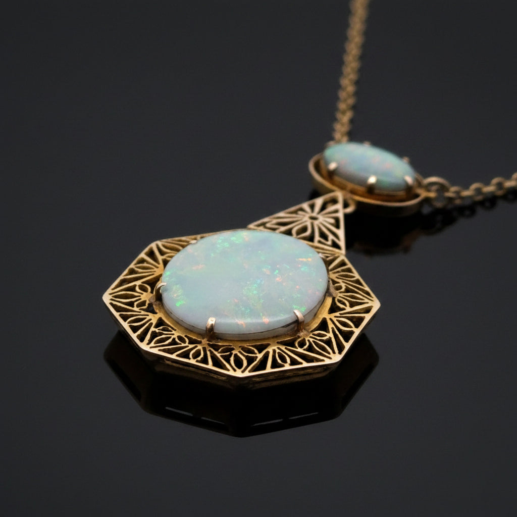 Estate Necklace, 1 Opal Cabochon,1 Opal Cabochon 14K Yellow Gold 4.59g. All Weights Estimated.