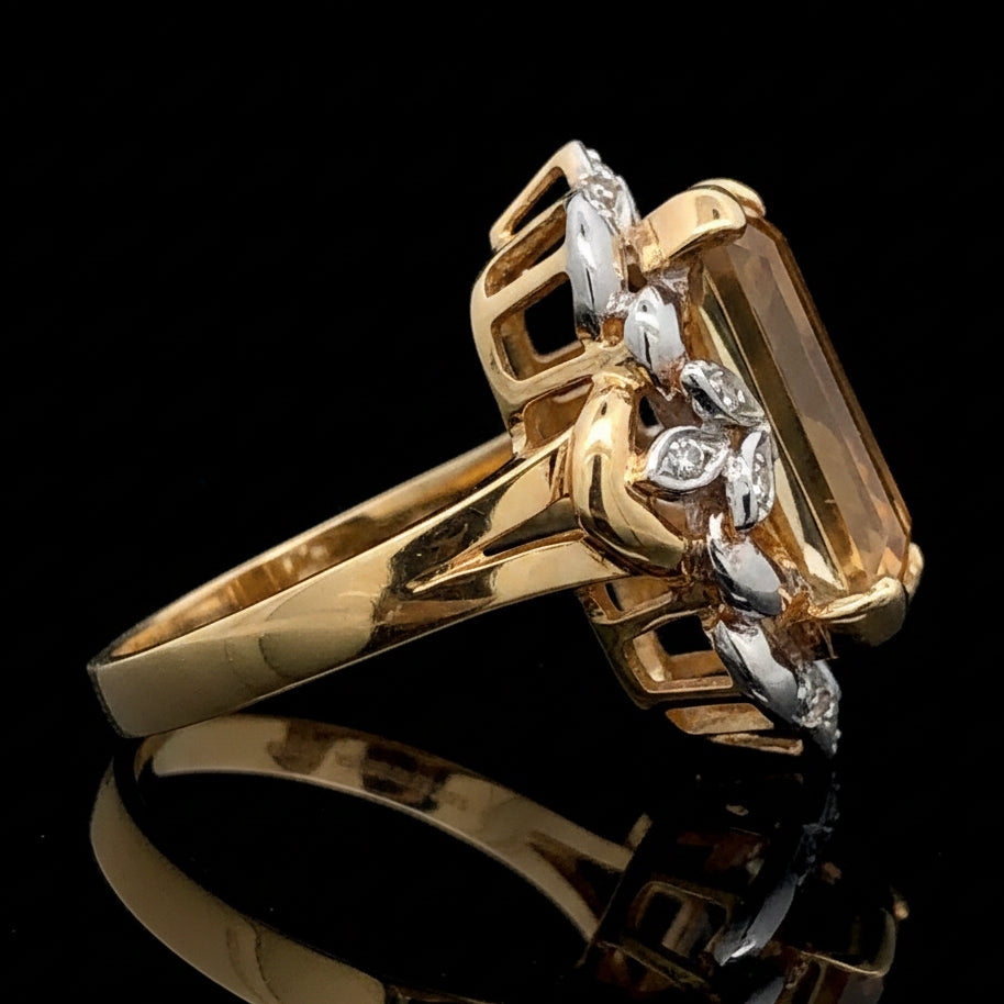 Estate Ring, 16 Round Brilliant Cut Diamond 0.24 cttw  G-H VS2-SI1, 1 Citrine Emerald Cut 9.95 ct 18K Yellow Gold 12.14g. All Weights Estimated.