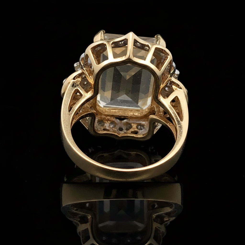 Estate Ring, 16 Round Brilliant Cut Diamond 0.24 cttw  G-H VS2-SI1, 1 Citrine Emerald Cut 9.95 ct 18K Yellow Gold 12.14g. All Weights Estimated.