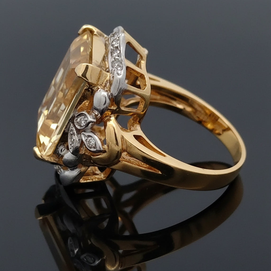 Estate Ring, 16 Round Brilliant Cut Diamond 0.24 cttw  G-H VS2-SI1, 1 Citrine Emerald Cut 9.95 ct 18K Yellow Gold 12.14g. All Weights Estimated.