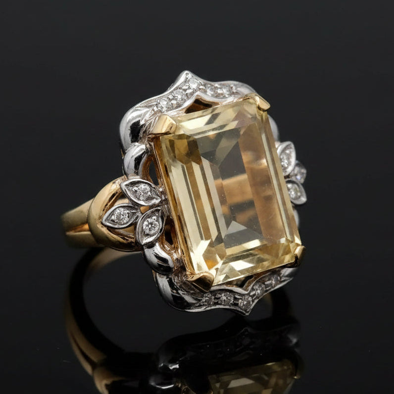 Estate Ring, 16 Round Brilliant Cut Diamond 0.24 cttw  G-H VS2-SI1, 1 Citrine Emerald Cut 9.95 ct 18K Yellow Gold 12.14g. All Weights Estimated.