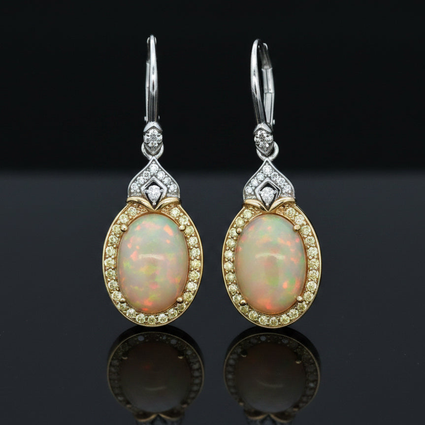 Estate Earrings, Round Brilliant Cut Diamond 0.84 cttw  FY-H VS1-SI1,2 Opal Cabochon 7.57 cttw  18K White/Yellow Gold 8.54g. All Weights Estimated.