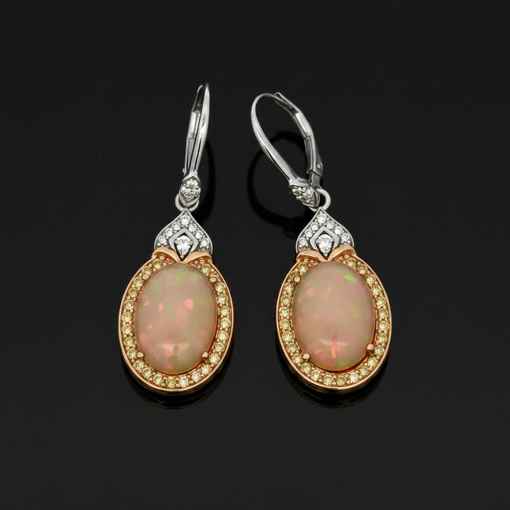 Estate Earrings, Round Brilliant Cut Diamond 0.84 cttw  FY-H VS1-SI1,2 Opal Cabochon 7.57 cttw  18K White/Yellow Gold 8.54g. All Weights Estimated.