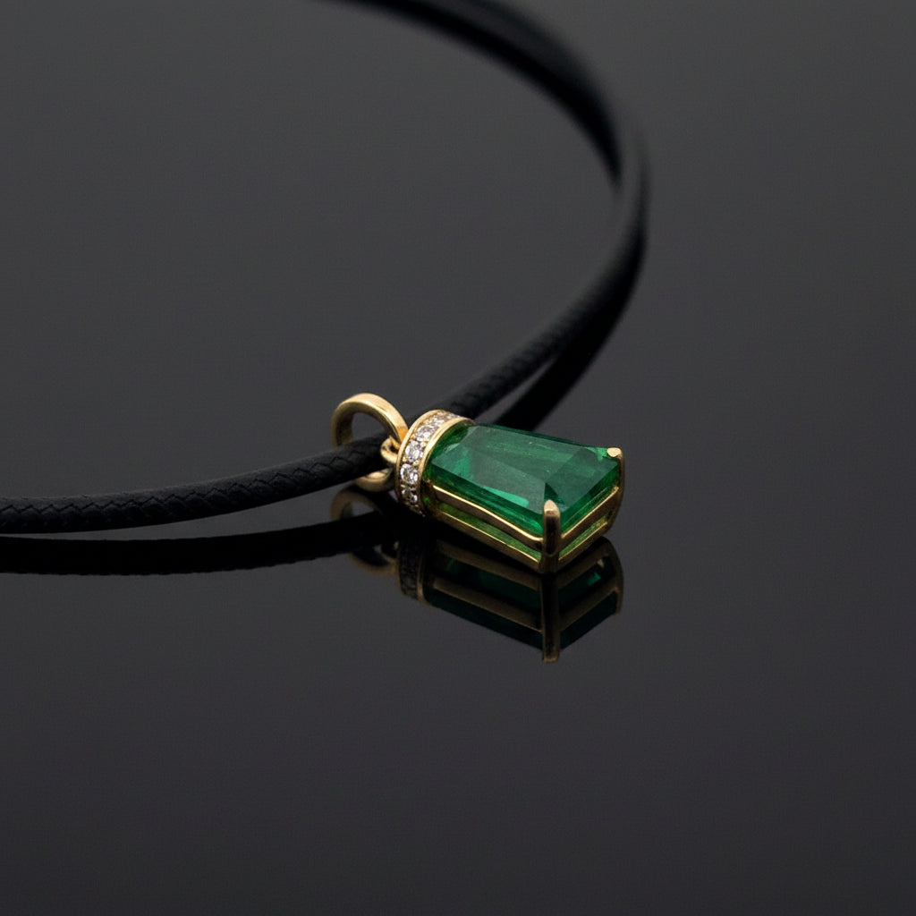 Estate Necklace, 14 Round Brilliant Cut Diamond 0.17 cttw  G-H VS2-SI1, Emerald Step Cut 4.14 cttw Green Treatment F1 GIA #2225717419 14K/18K Yellow Gold 8.70g. All Weights Estimated.