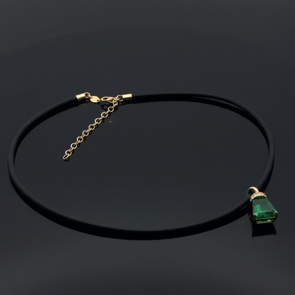 Estate Necklace, 14 Round Brilliant Cut Diamond 0.17 cttw  G-H VS2-SI1, Emerald Step Cut 4.14 cttw Green Treatment F1 GIA #2225717419 14K/18K Yellow Gold 8.70g. All Weights Estimated.