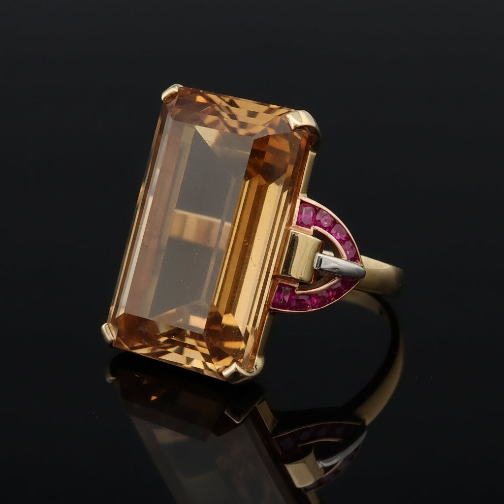 Estate Ring,20 Ruby French Cut,1 Citrine Emerald Cut 36.00 ct  14K Yellow Gold 19.91g. All Weights Estimated.