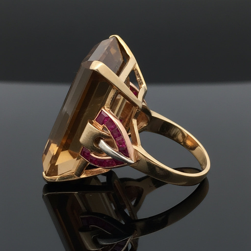 Estate Ring,20 Ruby French Cut,1 Citrine Emerald Cut 36.00 ct  14K Yellow Gold 19.91g. All Weights Estimated.