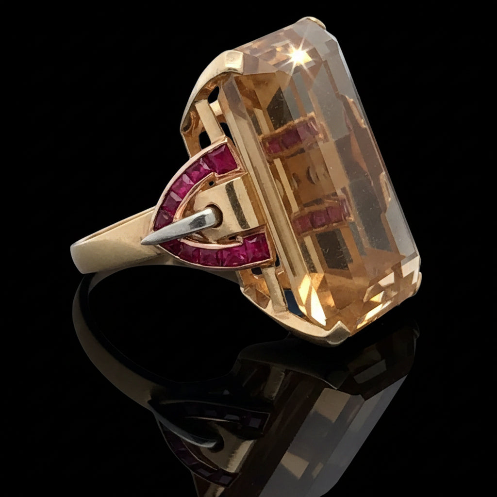 Estate Ring,20 Ruby French Cut,1 Citrine Emerald Cut 36.00 ct  14K Yellow Gold 19.91g. All Weights Estimated.
