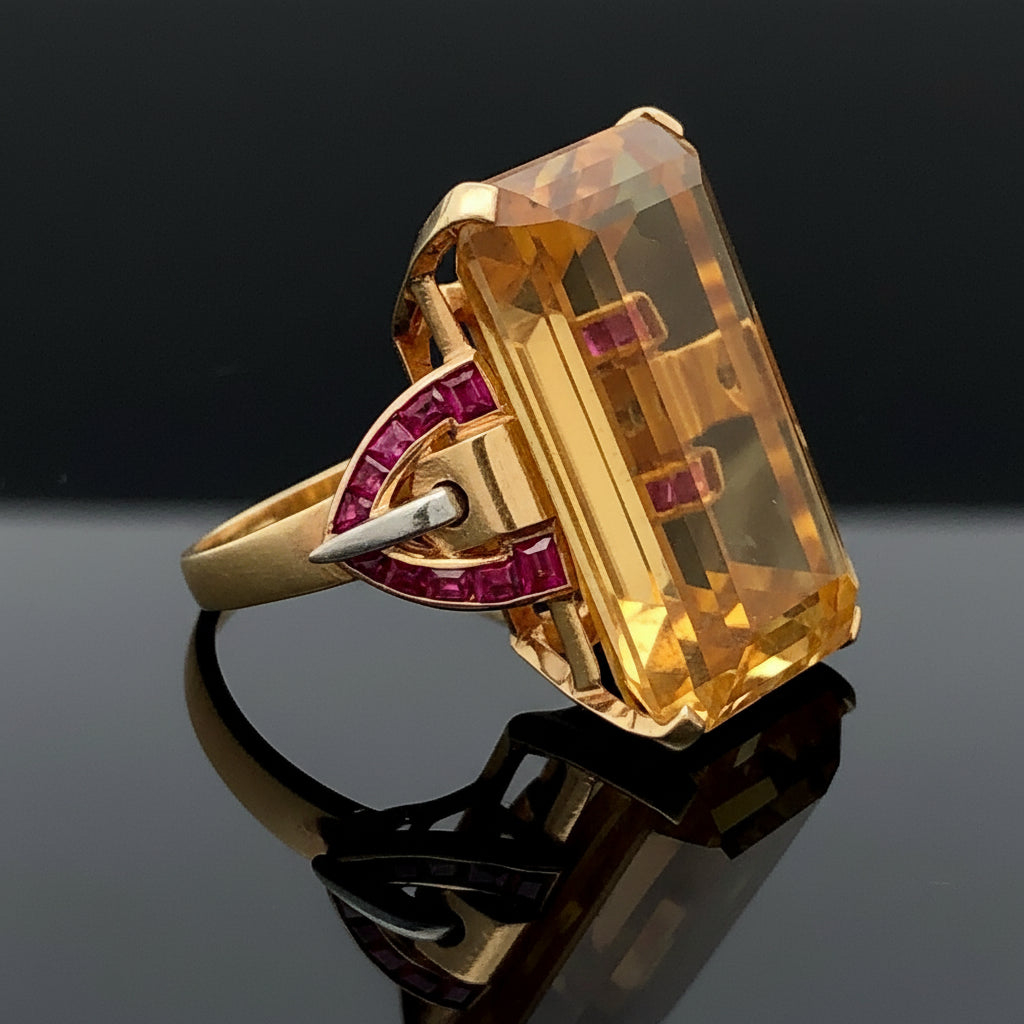Estate Ring,20 Ruby French Cut,1 Citrine Emerald Cut 36.00 ct  14K Yellow Gold 19.91g. All Weights Estimated.