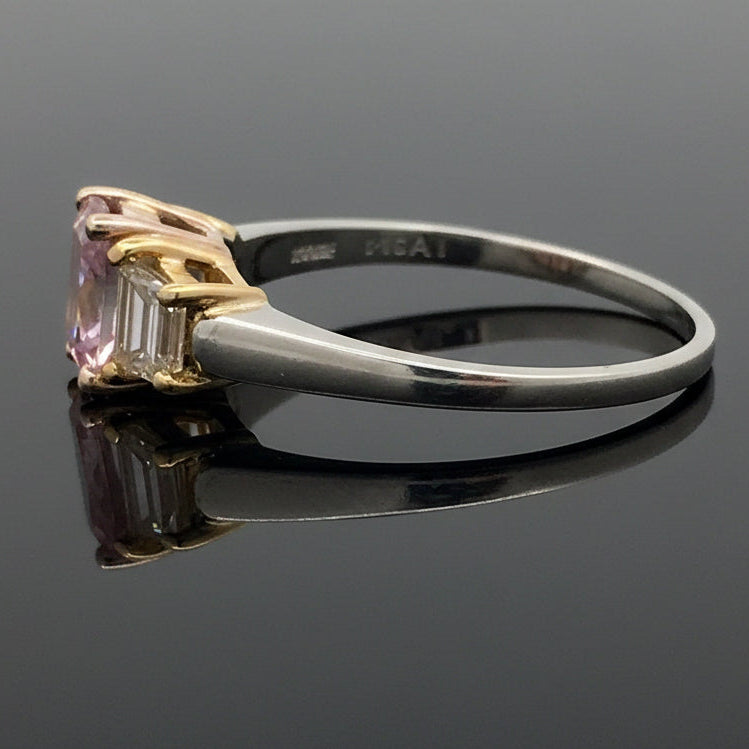 Estate Ring, 1 Oval Diamond 0.61 ct  Fancy Purple-Pink I1 GIA #14336063, 2 Trapezoid Cut Diamond 0.52 cttw  FY VVS1-VVS2 Platinum/18K Yellow/Rose Gold 3.43g. All Weights Estimated.