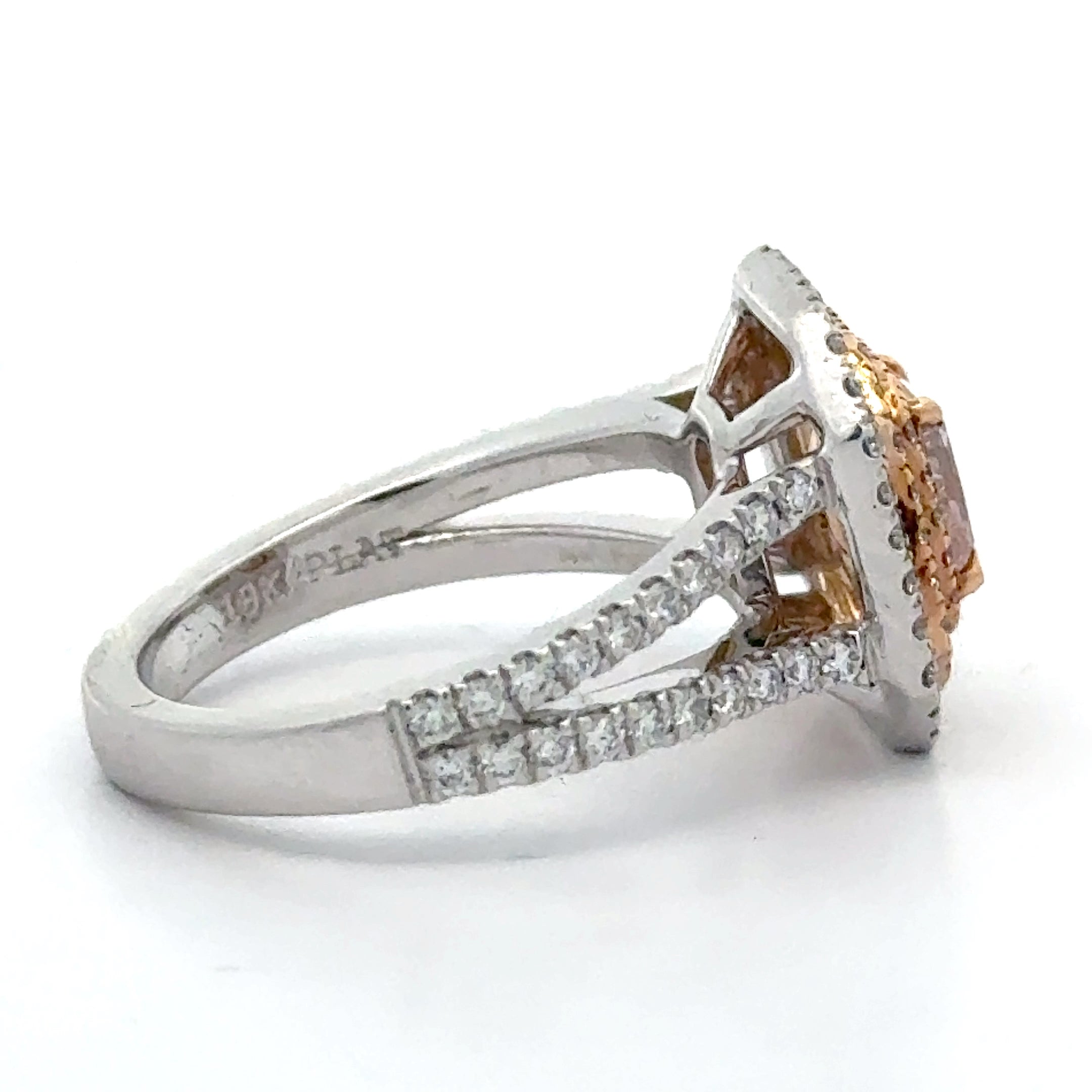 Estate Ring, 1 Radiant Cut Diamond 0.86 ct  Fancy Pink I1 GIA #6202759126, 42 Round Diamond 0.22 cttw  Fancy Pink VS2-SI1, 50 Round Diamond 0.65 cttw  G-H VS2-SI1 Platinum/18K Rose Gold 8.91g. All Weights Estimated.