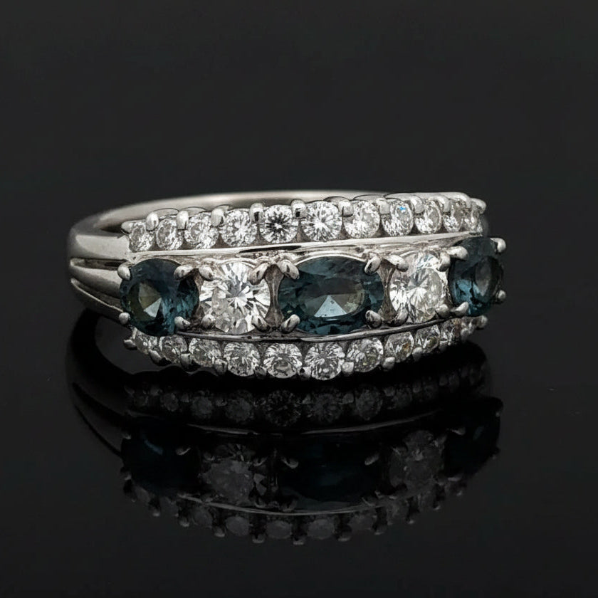 Estate Ring, Round Brilliant Cut Diamond 0.82 cttw  G-H VS1-SI1,3 Natural Alexandrite Oval 0.98 cttw Color Change Blue to Purple Platinum 9.20g. All Weights Estimated.