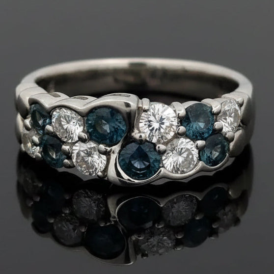 Estate Ring, 6 Round Brilliant Cut Diamond 0.62 cttw  G VS1,6 Natural Alexandrite Round 0.69 cttw Color Change Blue to Purple Platinum 6.31g. All Weights Estimated.