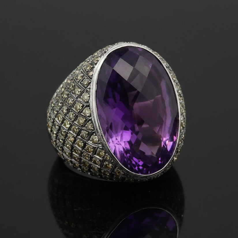 Estate Ring, Round Brilliant Cut Diamond 5.00 cttw  NFY - NFB VS-SI1,1 Amethyst Oval Checker Board Face 30.00 ct  18K White Gold 27.64g. All Weights Estimated.