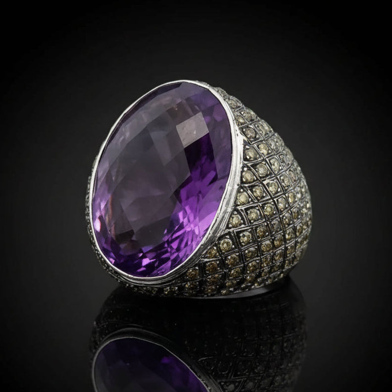 Estate Ring, Round Brilliant Cut Diamond 5.00 cttw  NFY - NFB VS-SI1,1 Amethyst Oval Checker Board Face 30.00 ct  18K White Gold 27.64g. All Weights Estimated.