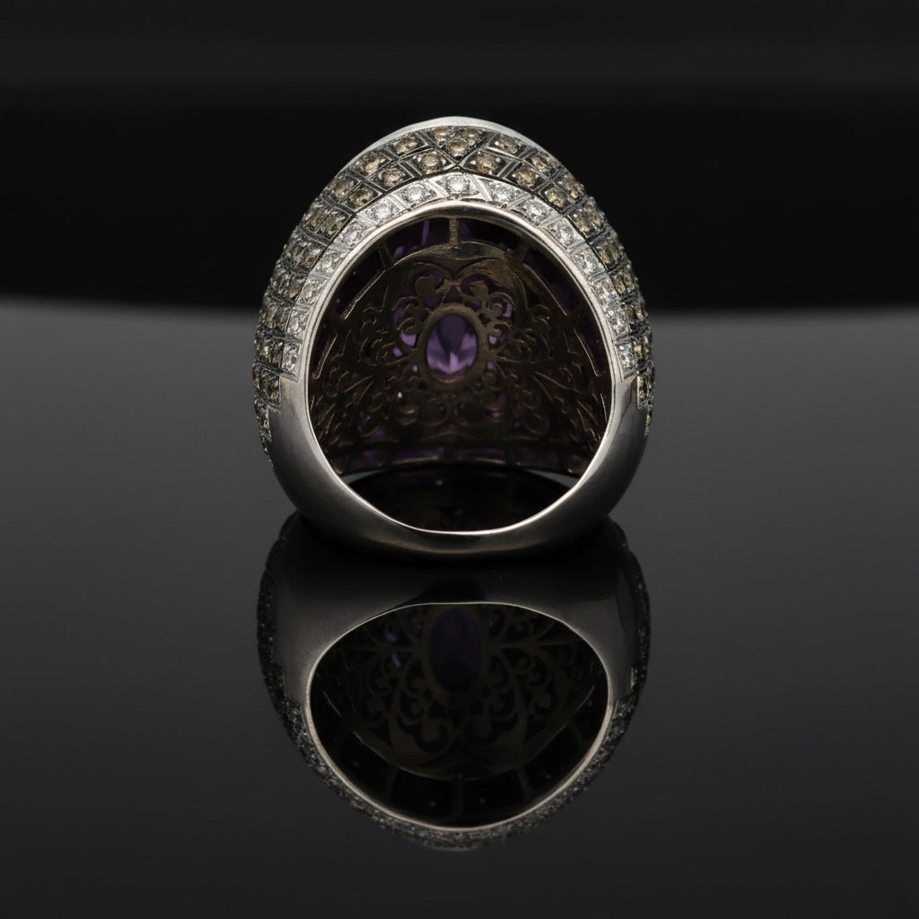 Estate Ring, Round Brilliant Cut Diamond 5.00 cttw  NFY - NFB VS-SI1,1 Amethyst Oval Checker Board Face 30.00 ct  18K White Gold 27.64g. All Weights Estimated.