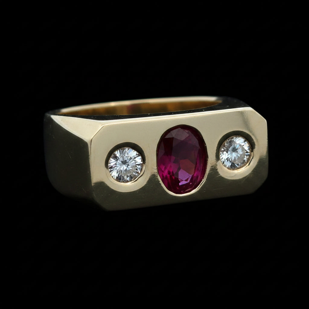 Estate Ring, 2 Round Brilliant Cut Diamond 0.70 cttw  F-G VS1-SI1, 1 Ruby Oval 1.74 ct Fine Red Pigeon Blood 14K Yellow Gold 24.72g. All Weights Estimated.