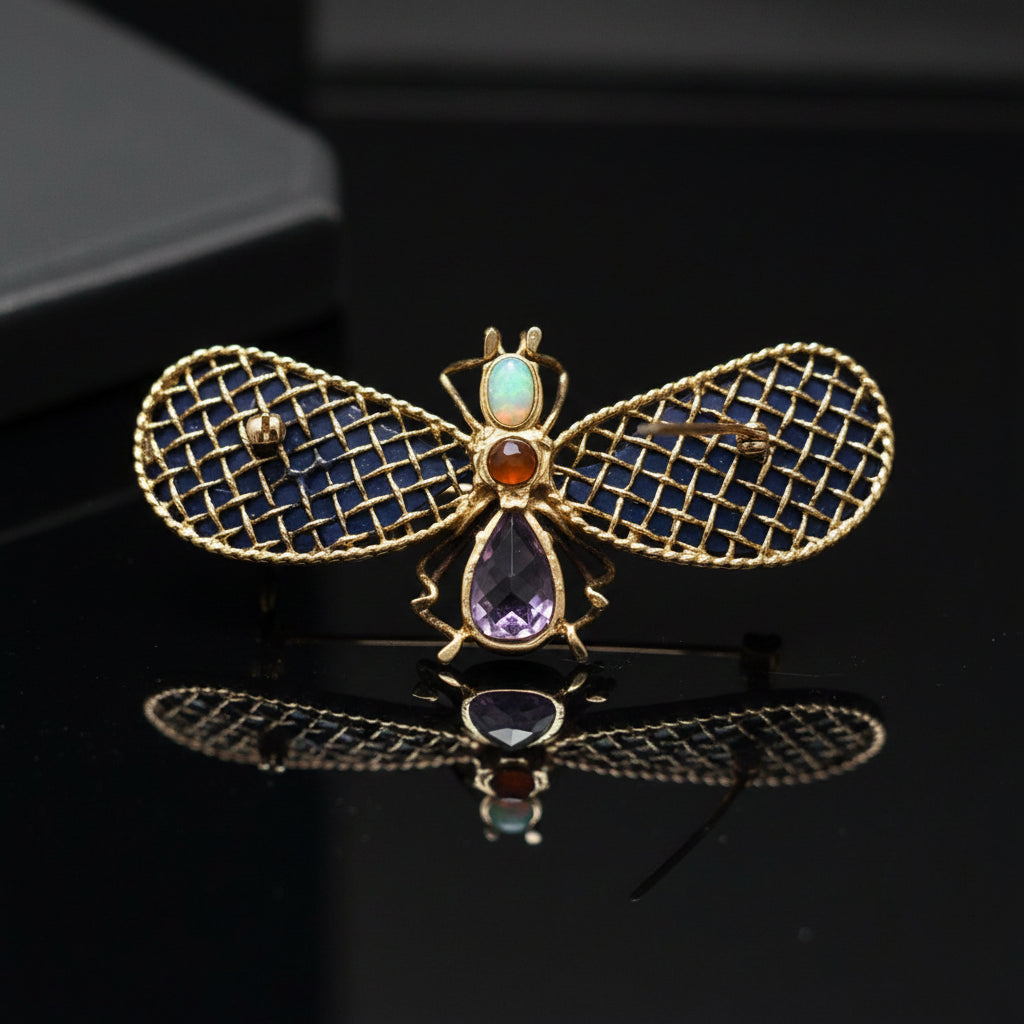 Estate Brooch/Pendant,1 Opal Cabochon 0.60 ct , 1 Amethyst Pear Shape 3.00 ct , 2 Carved Lapis Lazuli, 1 Citrine Round 0.50 ct  14K Yellow Gold 14.10g. All Weights Estimated.