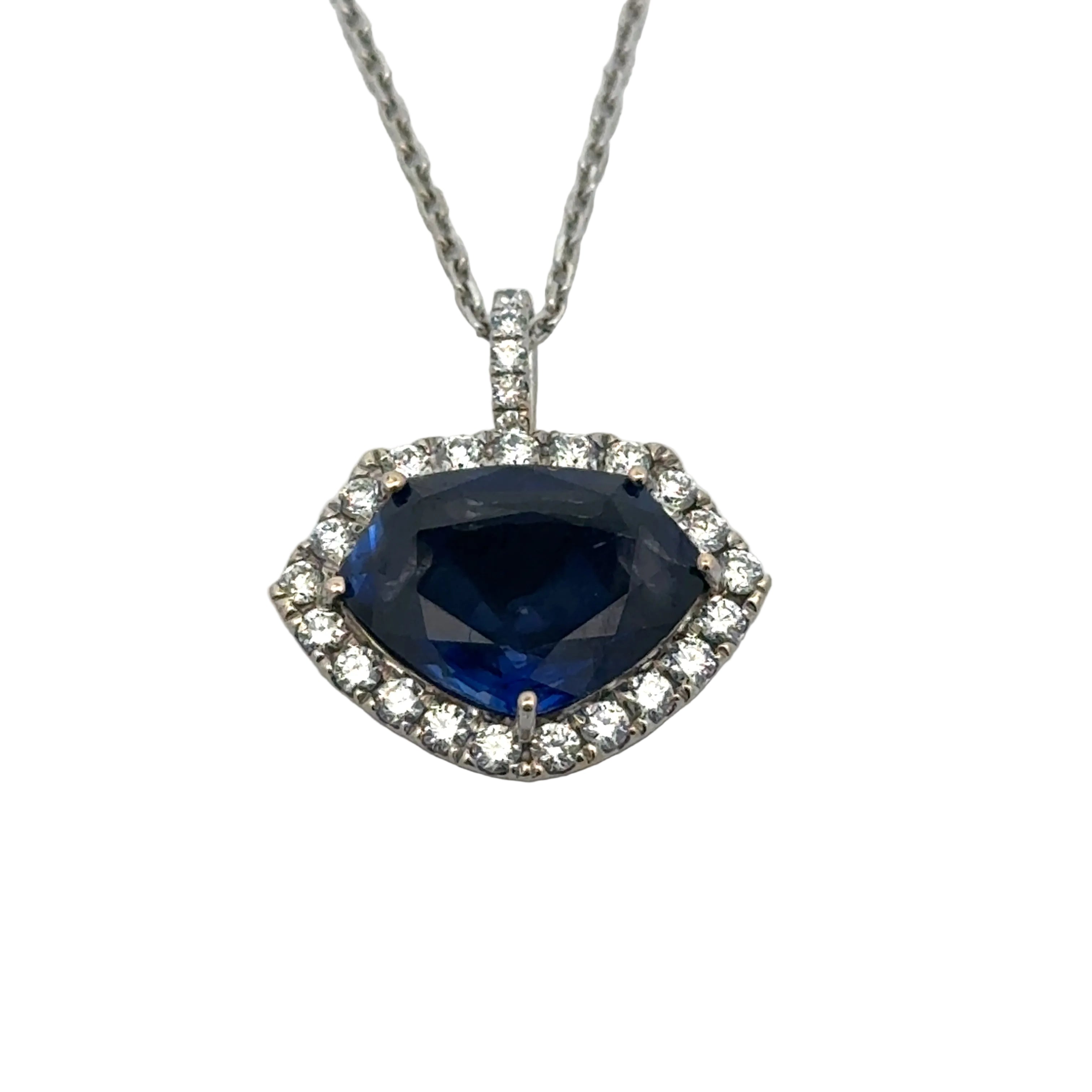 Estate Necklace, 36 Round Brilliant Cut Diamond 1.40 cttw  G-H VS1-SI1, 1 Sapphire Shield Cut Madagascar Heated 5.49 ct  GIA #1162003235 18K White Gold 7.39g. All Weights Estimated.