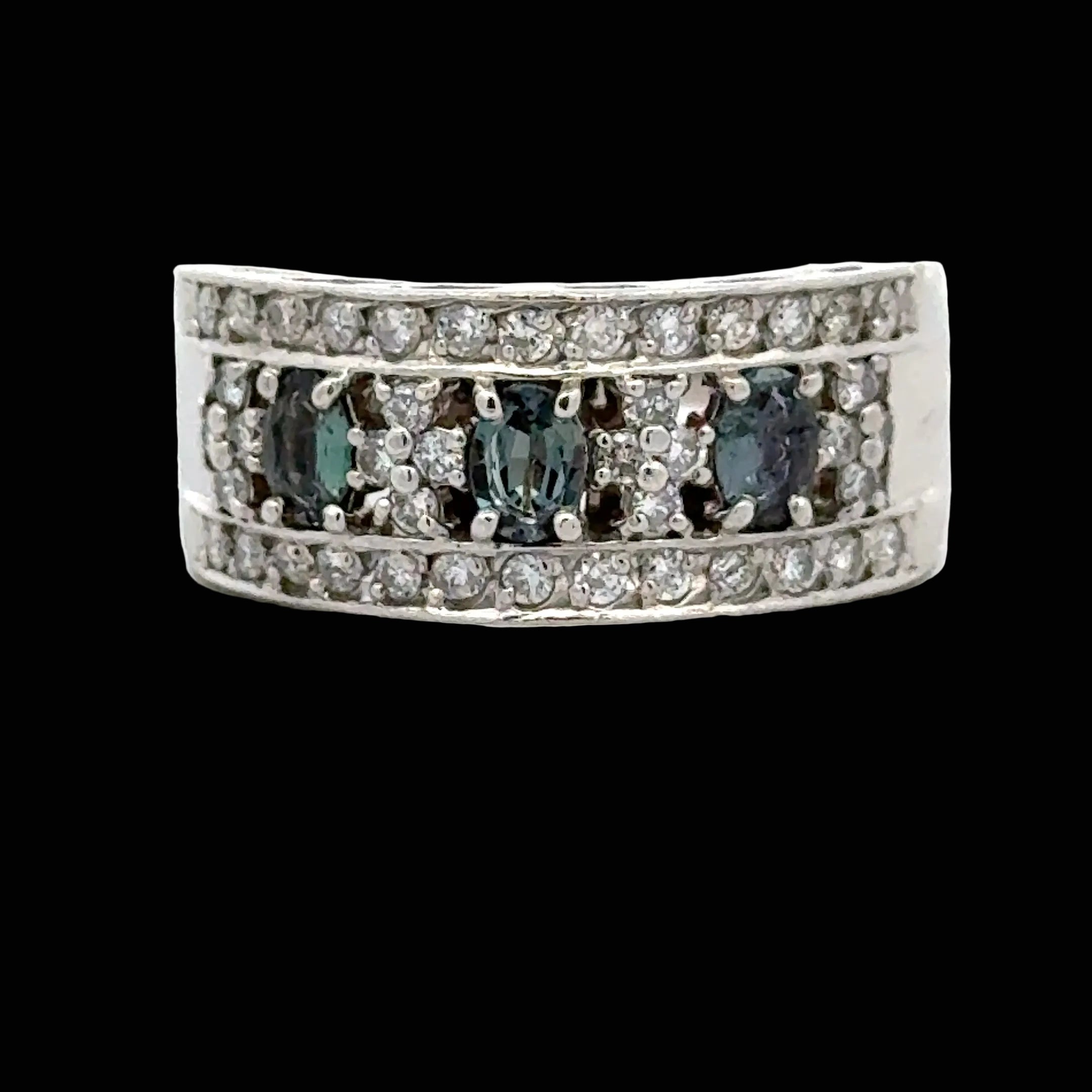 Estate Ring, 8 Round Brilliant Cut Diamond 0.24 cttw  H-J SI1-SI2,8 Alexandrite 0.28 cttw  Color Change Blue to Purple Platinum 5.61g. All Weights Estimated.