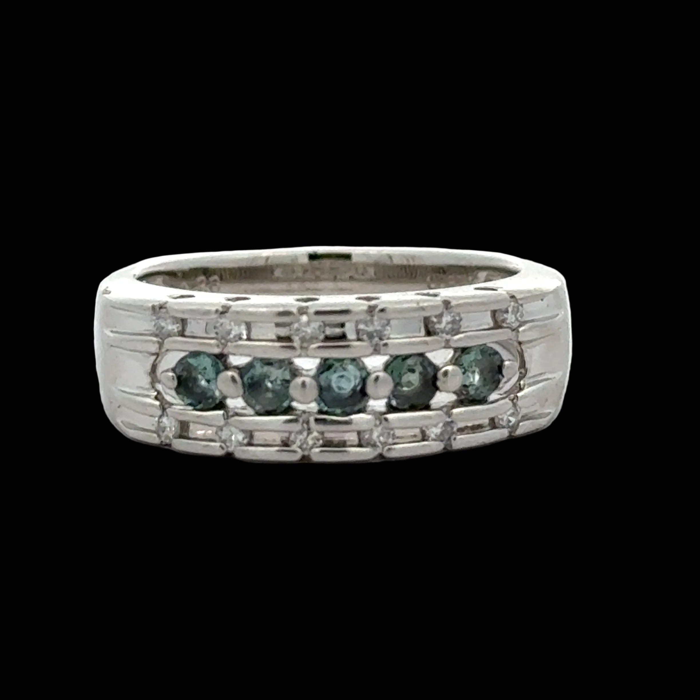 Estate Ring, Round Brilliant Cut Diamond 0.13 cttw  G-H SI1, Alexandrite Round 0.26 cttw  Color Change Blue/Green to Purple Platinum 6.16g. All Weights Estimated.