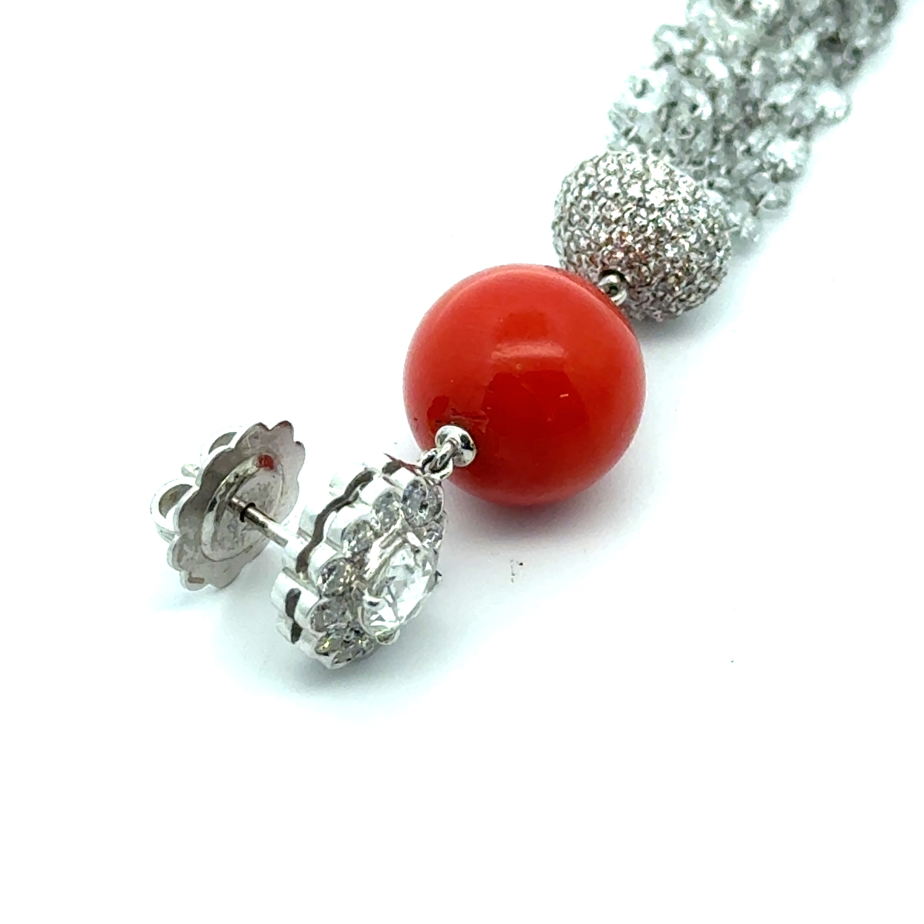 Estate Earrings, RBC/Rose Cut/ Briolette Diamond 13.50 cttw  E-G VVS1-VS2,2 Coral 18K White Gold 19.40g. All Weights Estimated.