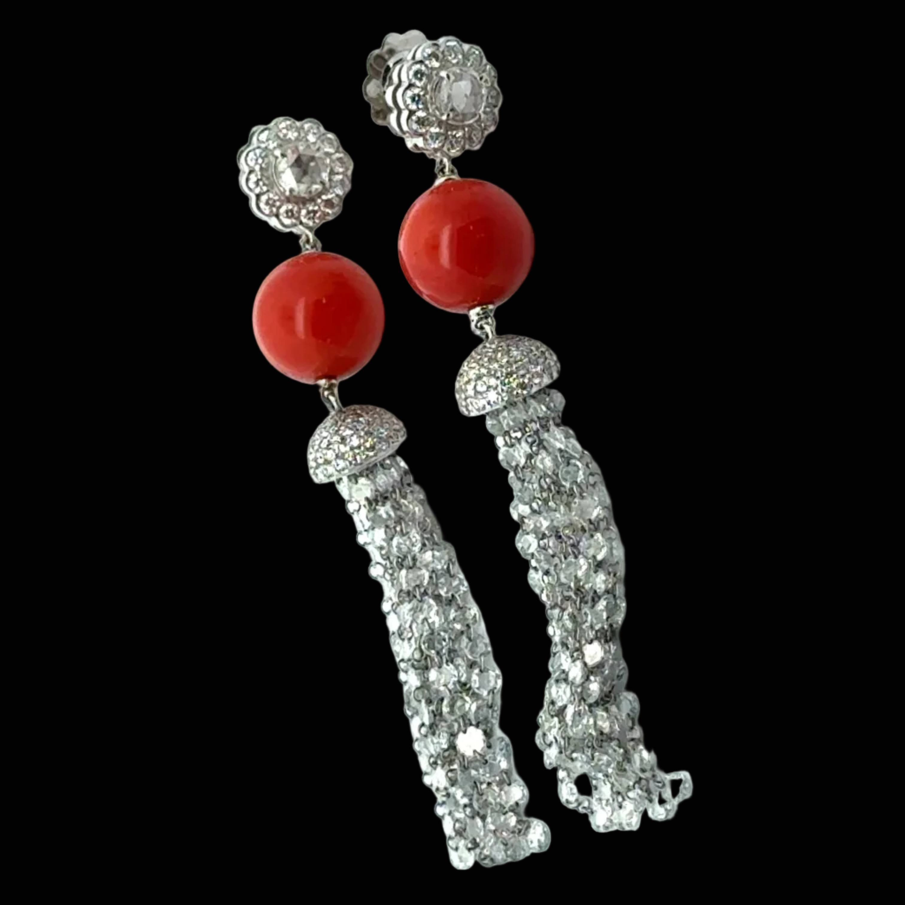 Estate Earrings, RBC/Rose Cut/ Briolette Diamond 13.50 cttw  E-G VVS1-VS2,2 Coral 18K White Gold 19.40g. All Weights Estimated.