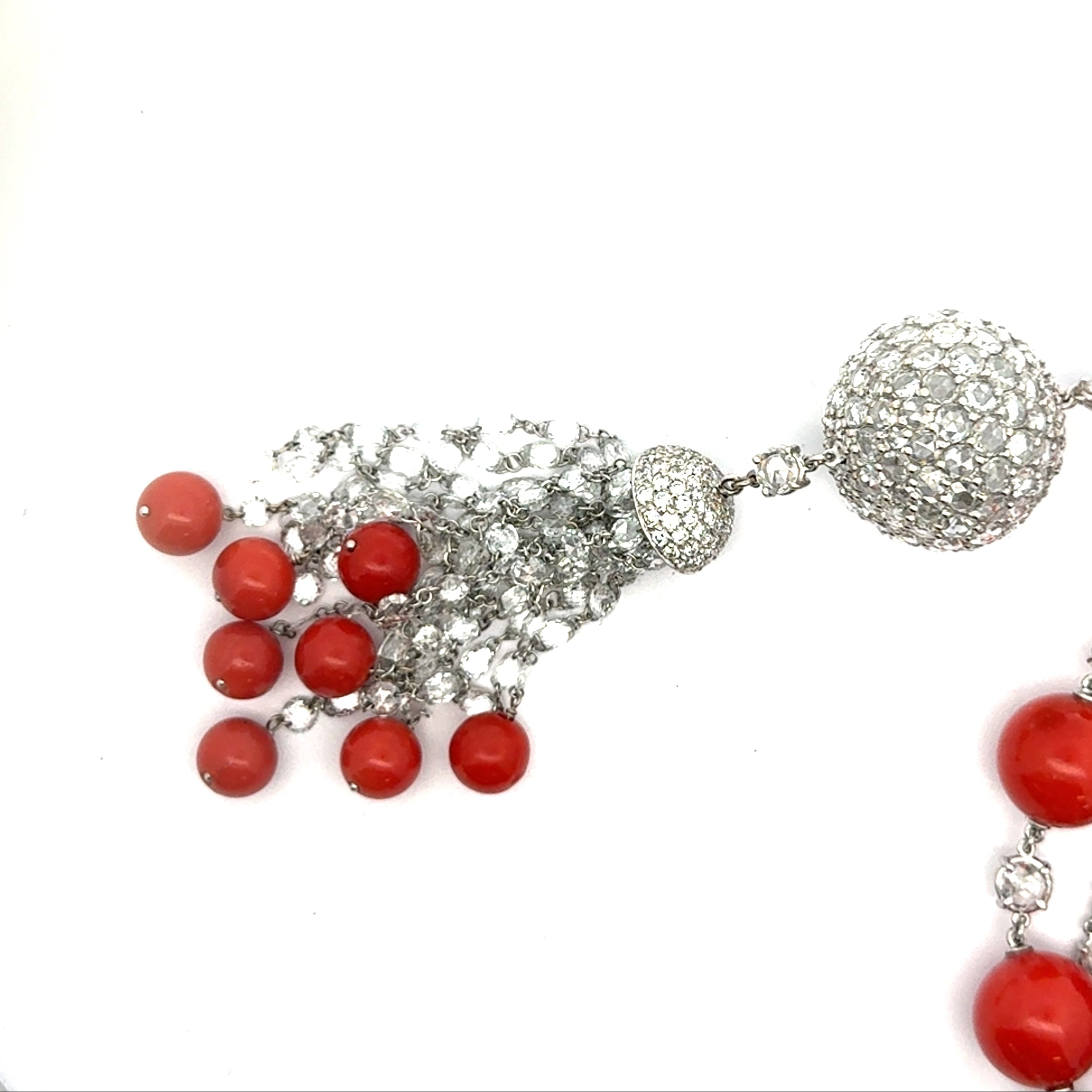 Estate Necklace, Rose Cut/RBC/Briolette Diamond 70.00 cttw  E-G VVS1-VS2,19 Coral Round,8 Coral Round 18K White Gold 90.70g. All Weights Estimated.