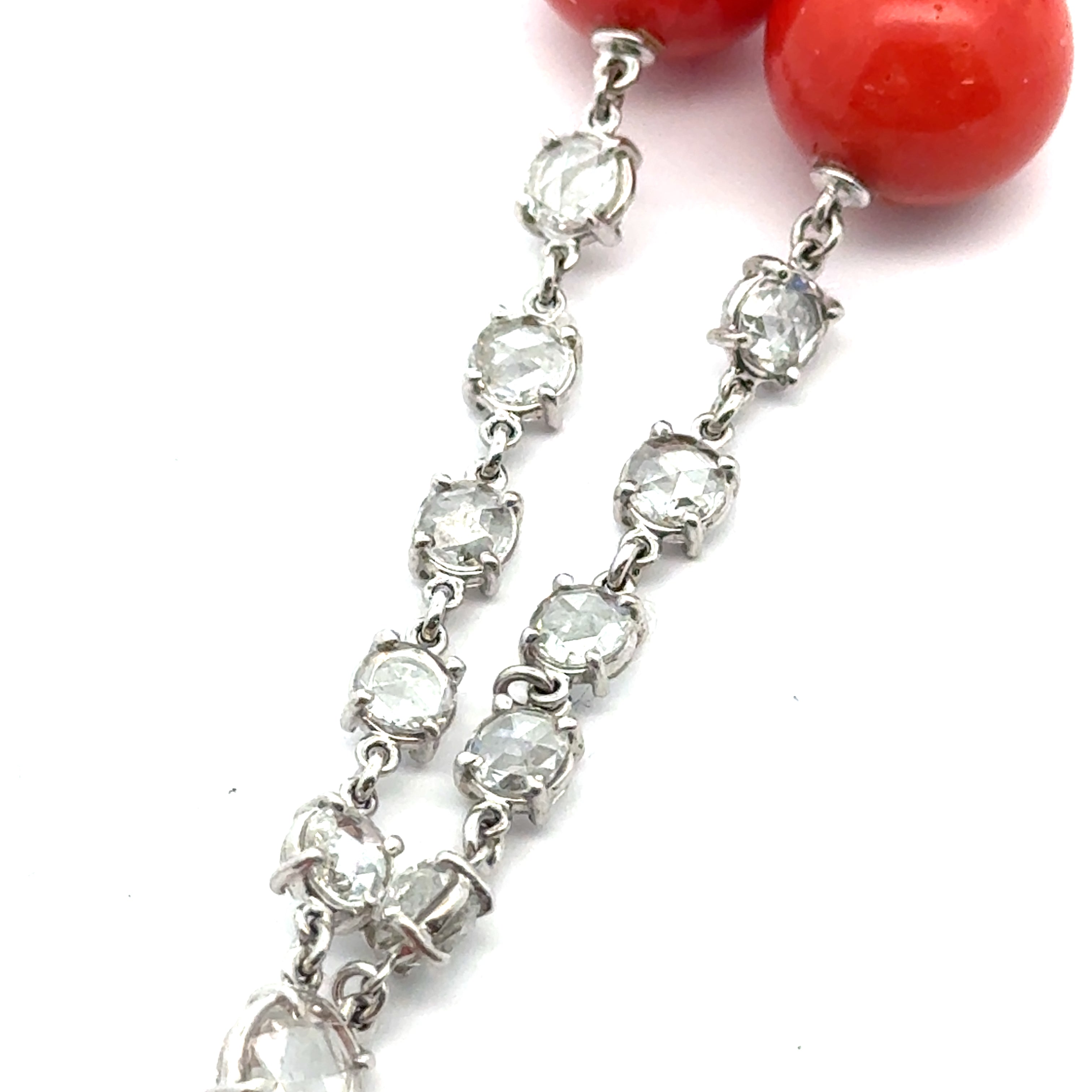 Estate Necklace, Rose Cut/RBC/Briolette Diamond 70.00 cttw  E-G VVS1-VS2,19 Coral Round,8 Coral Round 18K White Gold 90.70g. All Weights Estimated.