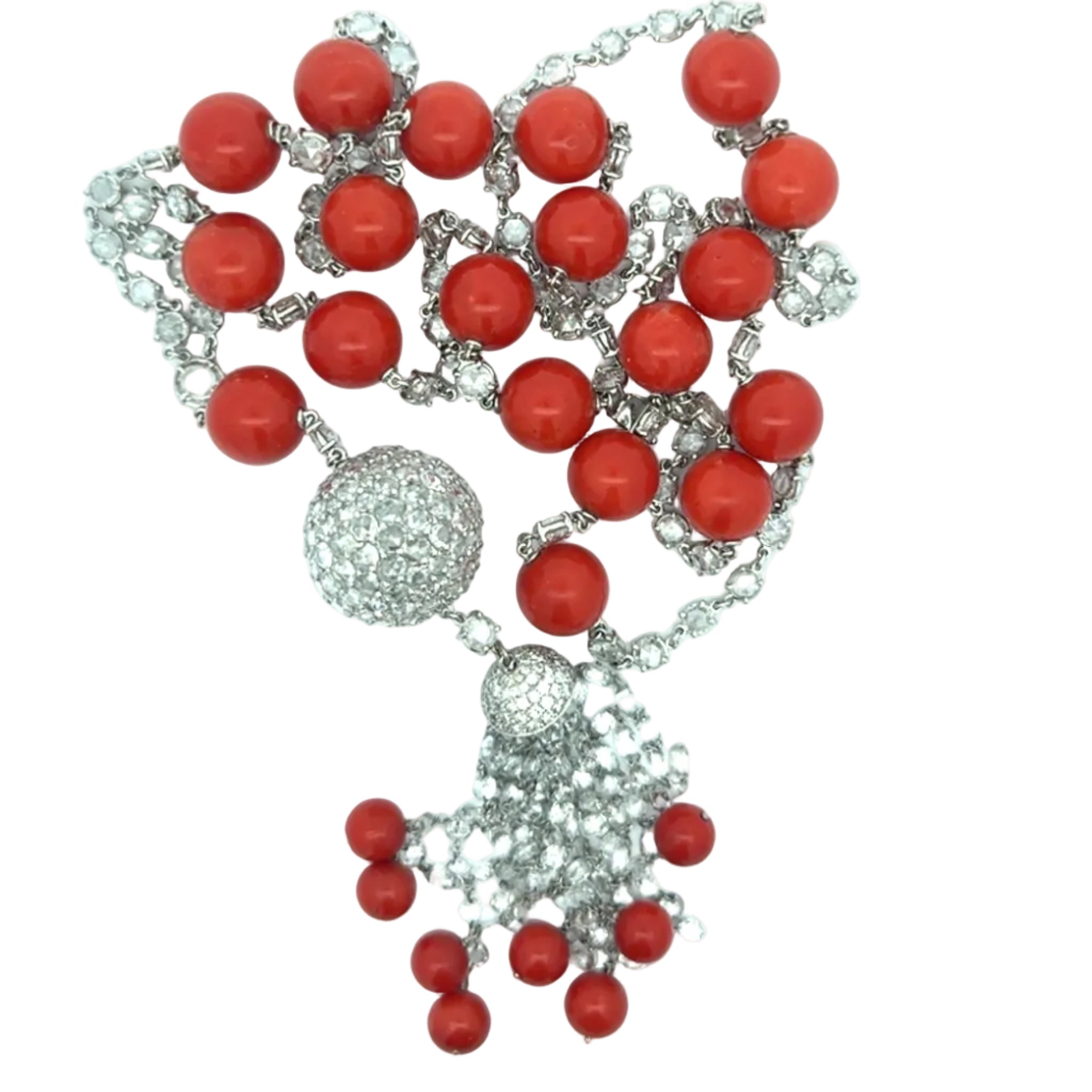 Estate Necklace, Rose Cut/RBC/Briolette Diamond 70.00 cttw  E-G VVS1-VS2,19 Coral Round,8 Coral Round 18K White Gold 90.70g. All Weights Estimated.