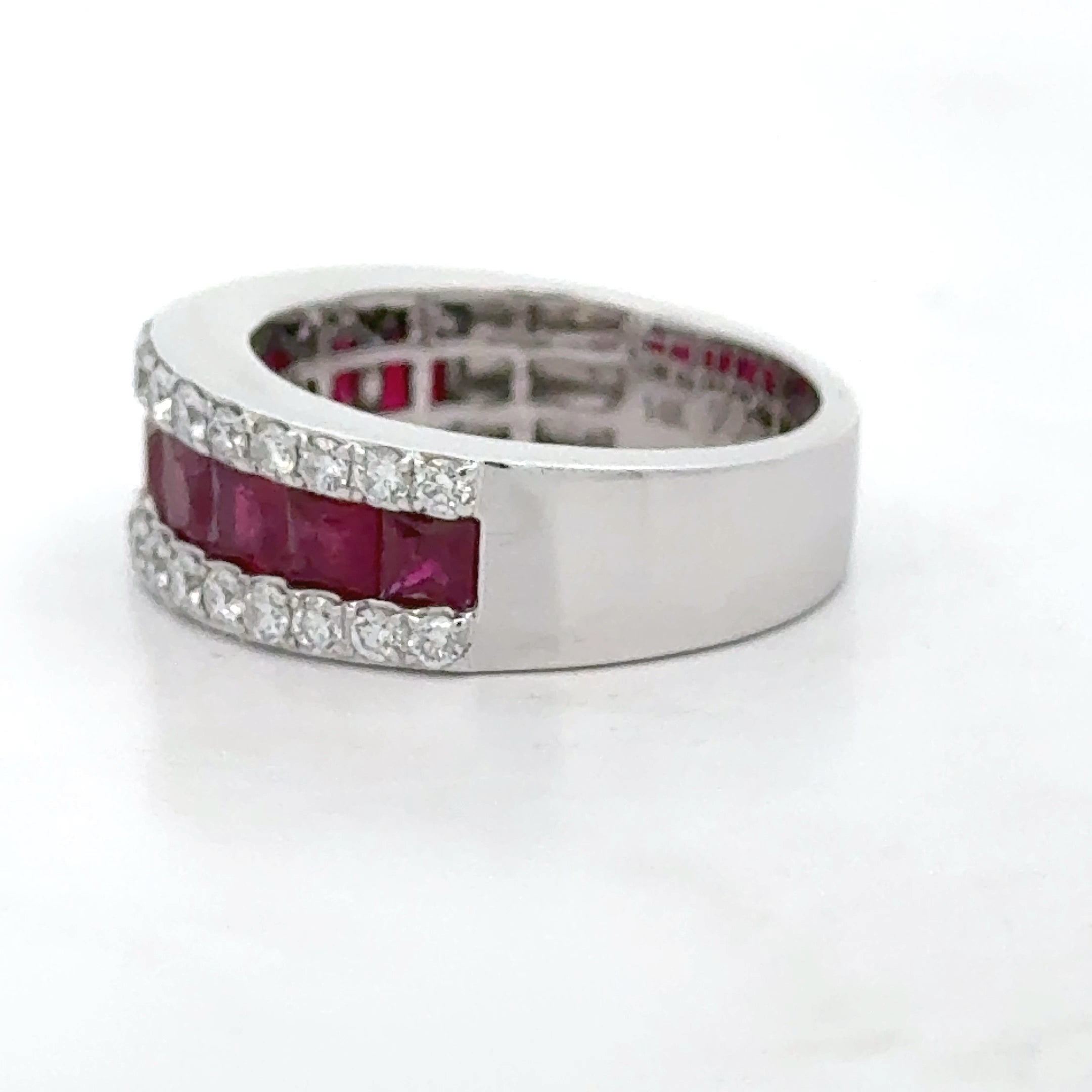 Estate Ring, 32 Round Brilliant Cut Diamond 0.77 cttw  G-H VS1-SI1,9 Ruby French Cut 2.33 cttw  14K White Gold 6.79g. All Weights Estimated.