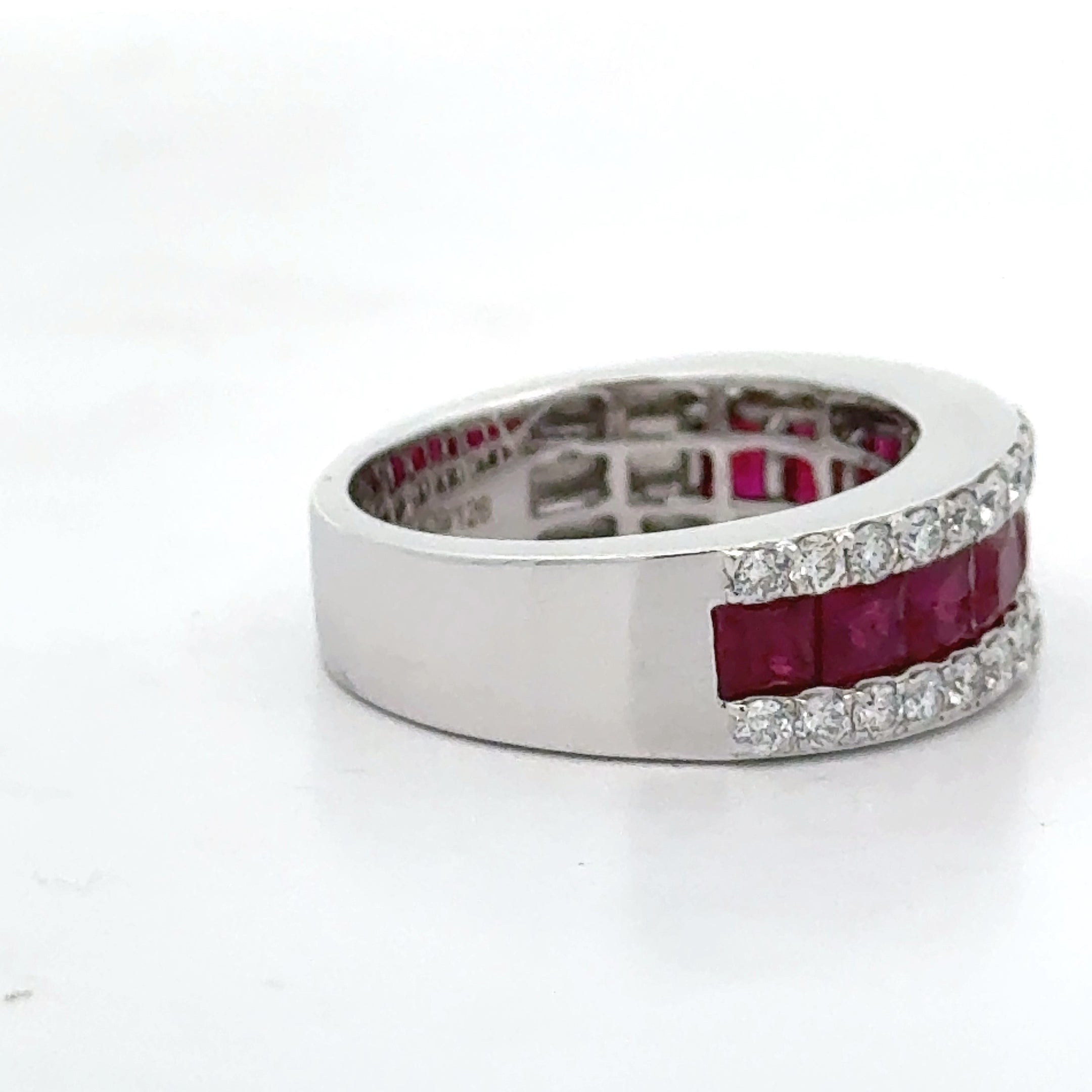 Estate Ring, 32 Round Brilliant Cut Diamond 0.77 cttw  G-H VS1-SI1,9 Ruby French Cut 2.33 cttw  14K White Gold 6.79g. All Weights Estimated.