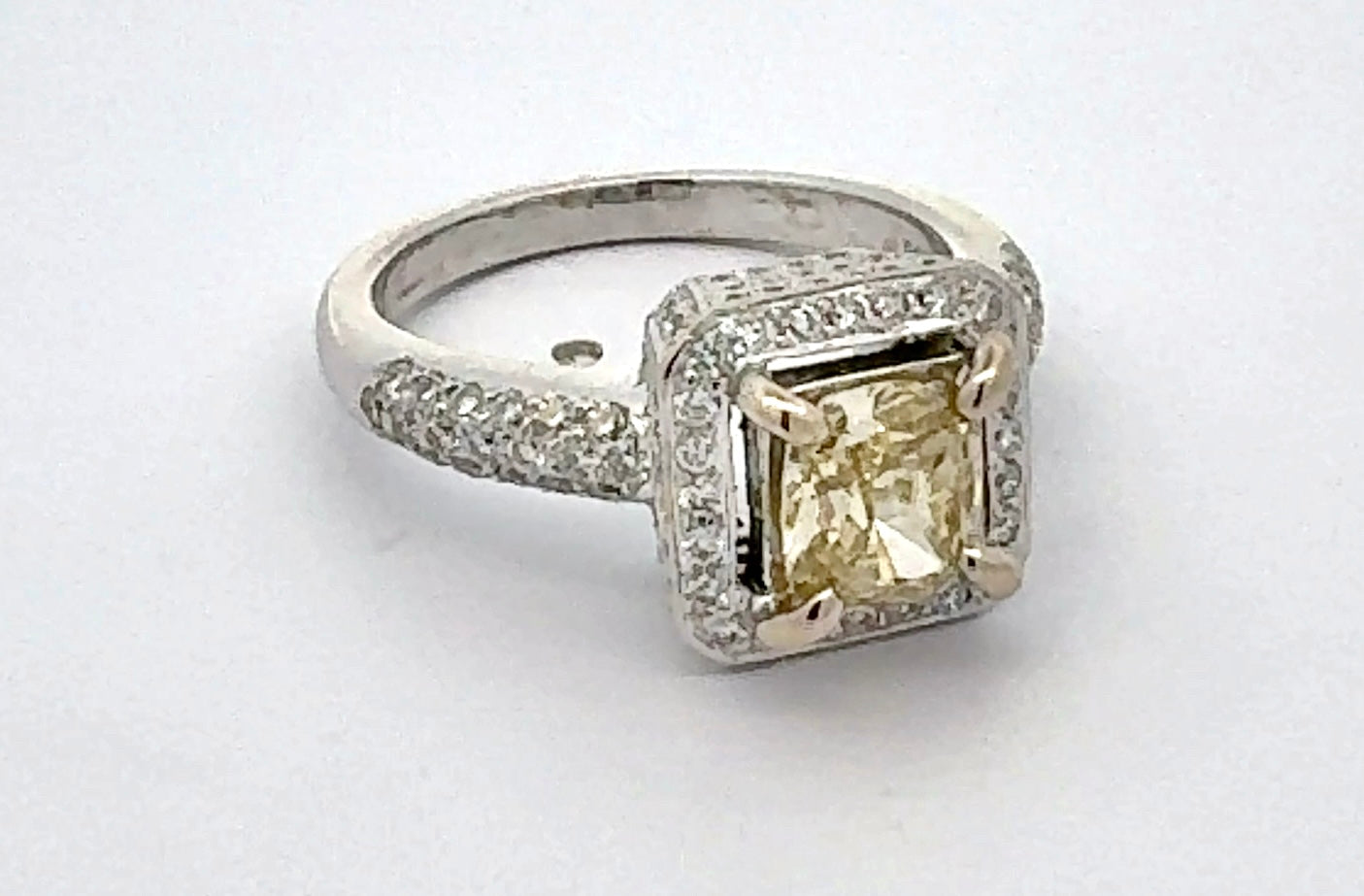 Estate Ring, 1 Cushion Modified Diamond 1.06ct  GIA #1182579916 Fancy Brownish Greenish Yellow I1 (clarity not on cert), 132 Round Diamond 0.80ct G-H SI1-SI2, 18K White Gold 7.22g (Original Cert(