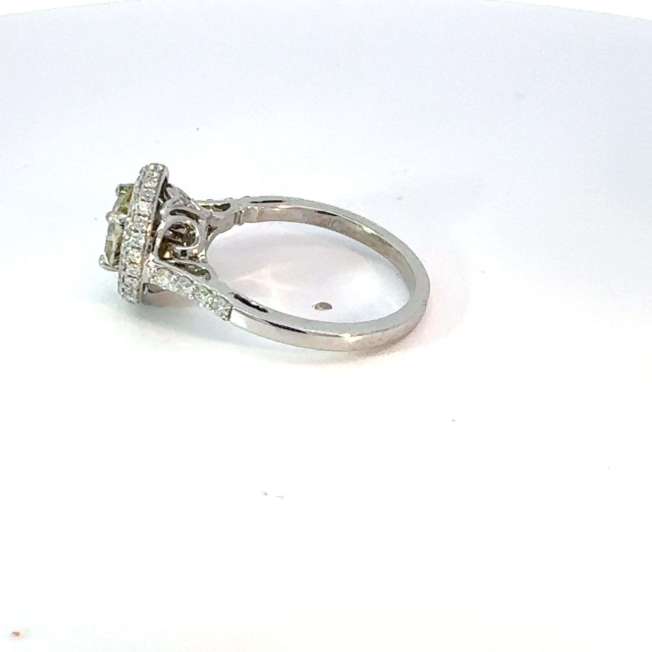 Estate Ring, 1 Cushion Modified Diamond 1.31ct  GIA #5181574027 Fancy Brown Greenish-Yellow I1 (clarity not on cert), Round Diamond 0.75ct  H-I I1-I2, 14K White Gold 4.90g