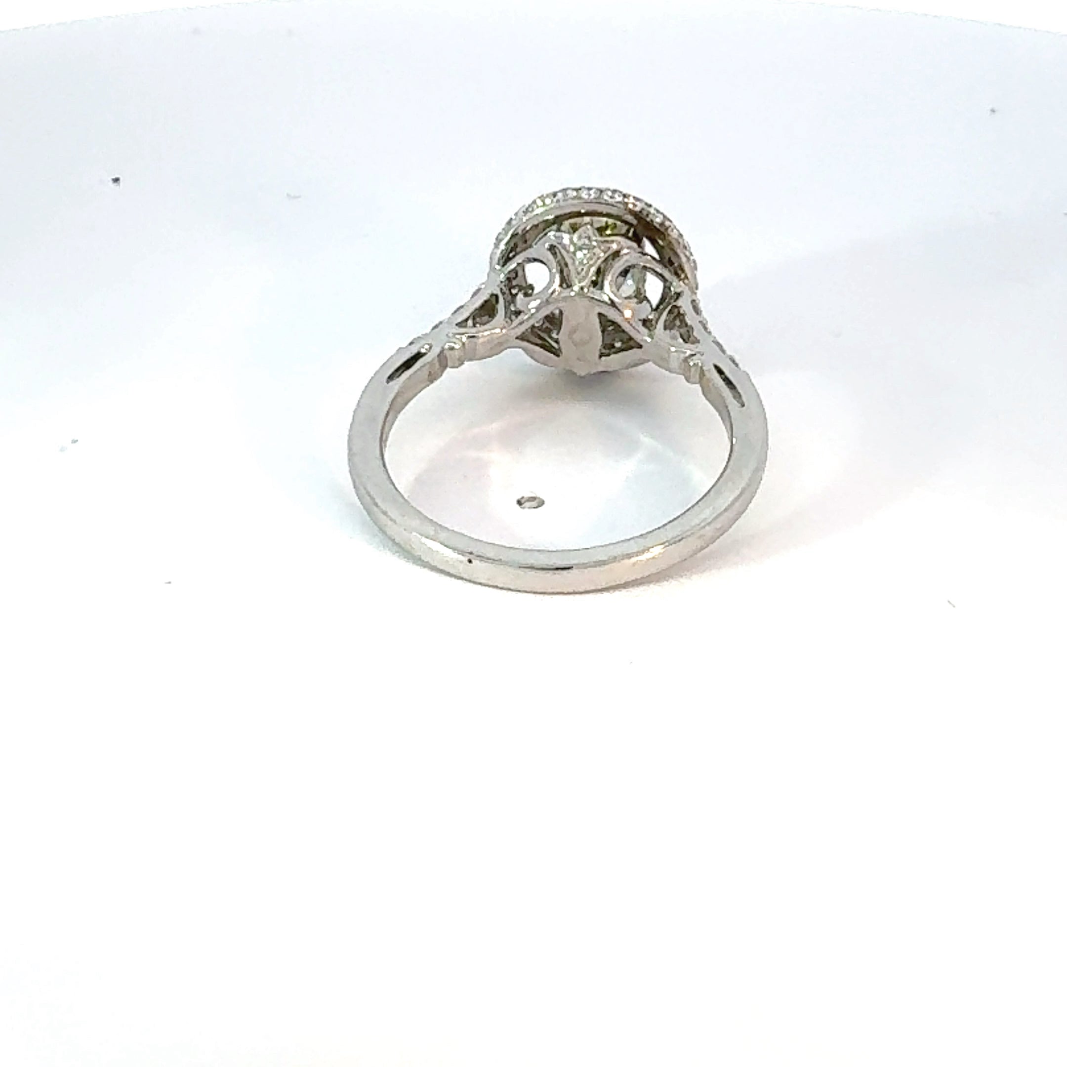 Estate Ring, 1 Cushion Modified Diamond 1.31ct  GIA #5181574027 Fancy Brown Greenish-Yellow I1 (clarity not on cert), Round Diamond 0.75ct  H-I I1-I2, 14K White Gold 4.90g