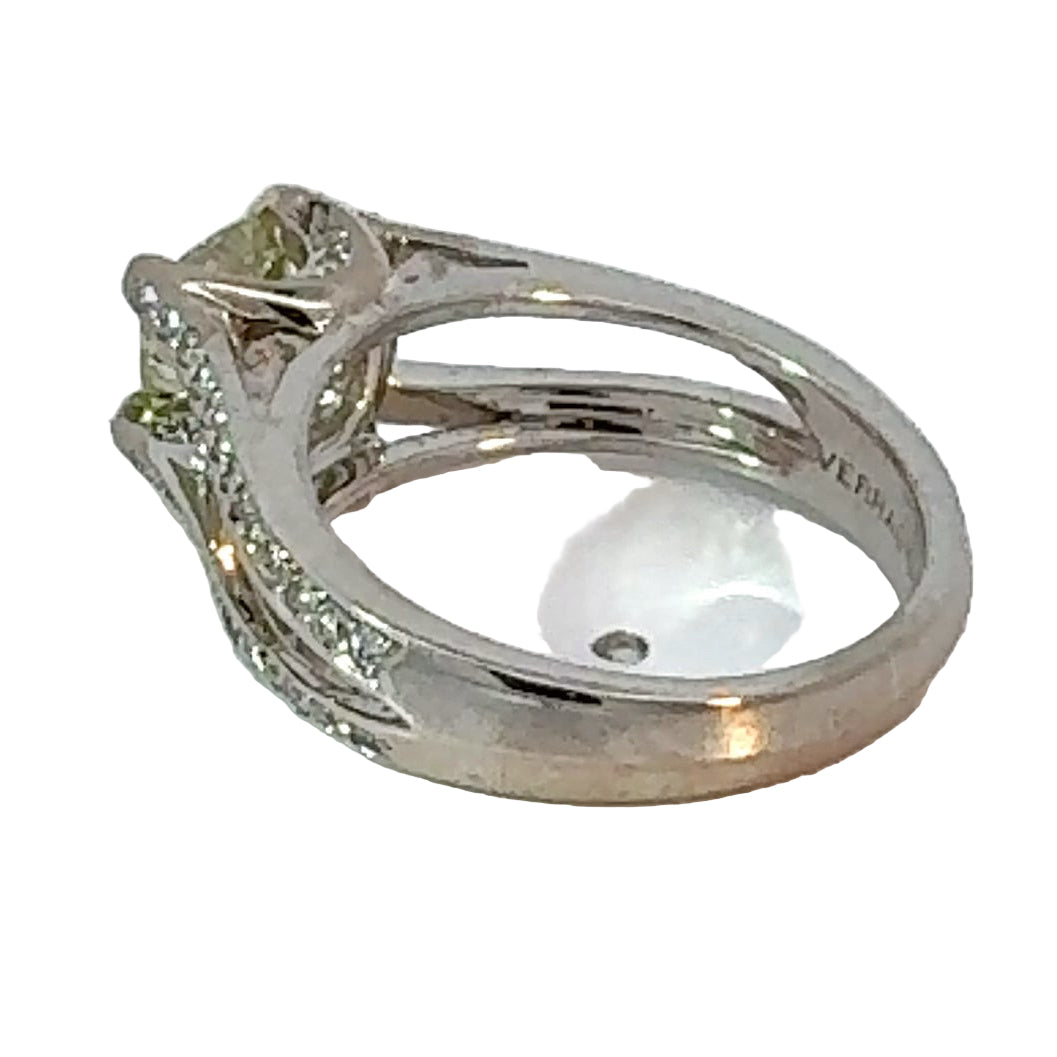Estate - Verragio Ring, 1 Cushion Modified Diamond 1.21ct  GIA #5182572287 Fancy Light Yellow I1 (clarity not on cert), Round Diamond 0.33 cttw G-H VS1-VS2, 18K White Gold 6.09g (Original Cert)