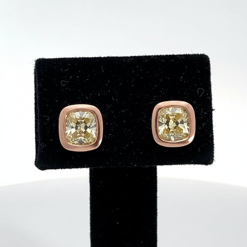 Maya Lianna Earrings, 1 Cushion Modified Diamond 1.50ct  GIA #6183574208 FBY VS1, 1 Cushion Modified Diamond 1.57ct GIA #2181572175 FBY VS2, 14K Rose Gold 2.50g (Original Cert)