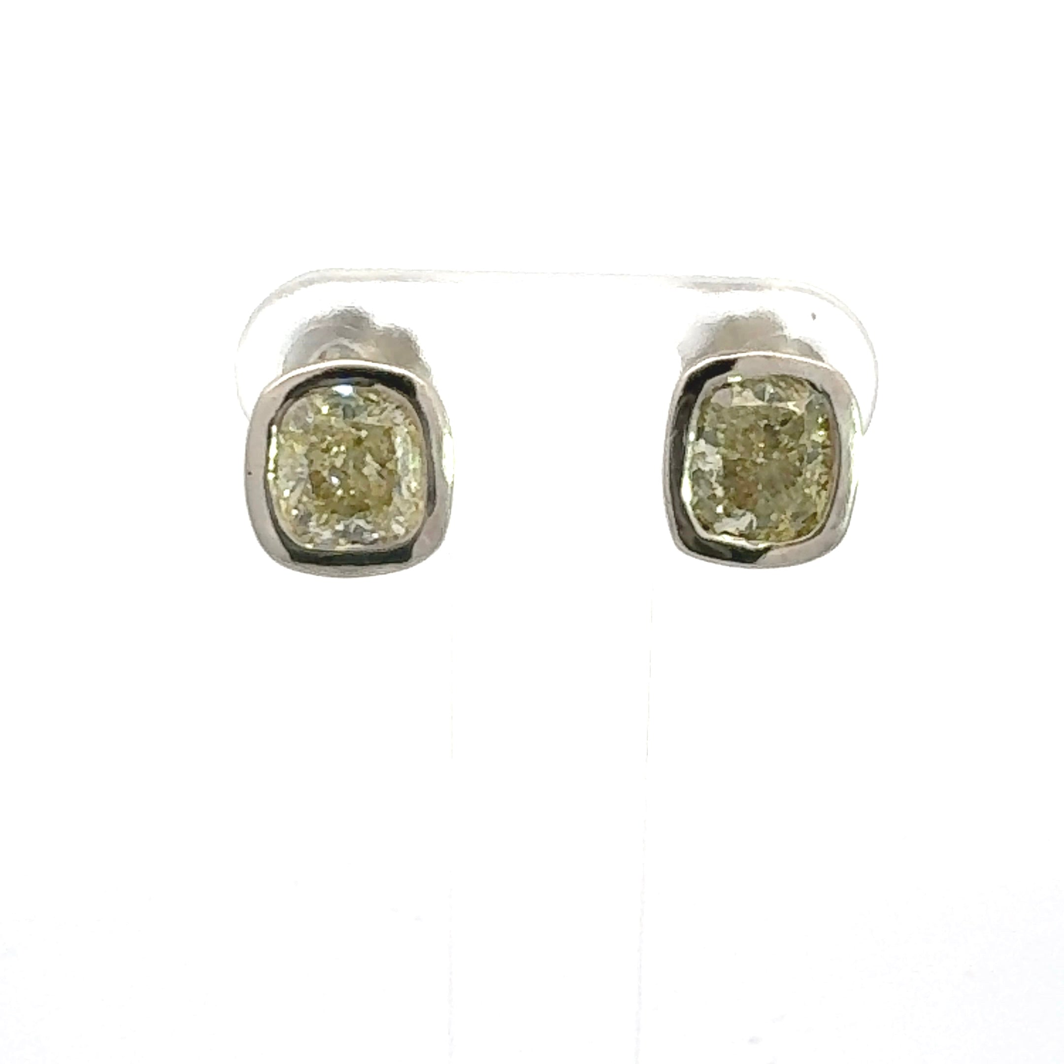 Maya Lianna Earrings, 1 Cushion Brilliant Diamond 1.09ct GIA #2185576926 FGGY SI2 (clarity not on cert), 1 Cushion Brilliant Diamond 1.03ct GIA #1182574202 FBGY VS2, 14K White Gold 4.02g (Original Cert)