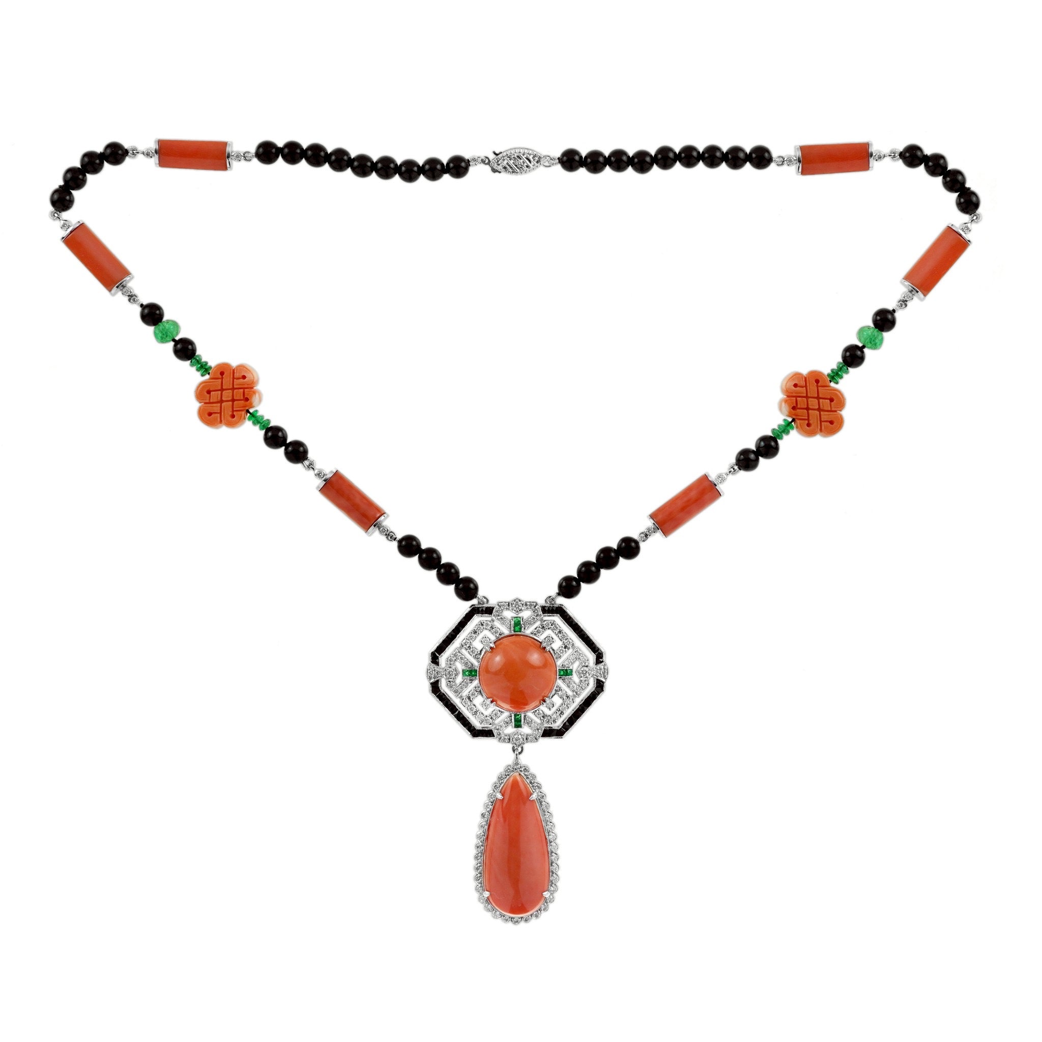 Estate Necklace, 116 Round Diamond 1.66 ct  H SI,1 Coral Pear Shape 15.50 ct ,1 Coral Round 19.35 ct ,10 Coral Free Form 67.03 ct ,14 Emerald 3.26 ct ,42 Onyx 17.96 ct ,8 Emerald French Cut 0.24 ct ,44 Onyx French Cut 1.25 ct  18K White Gold 40.54g (appro