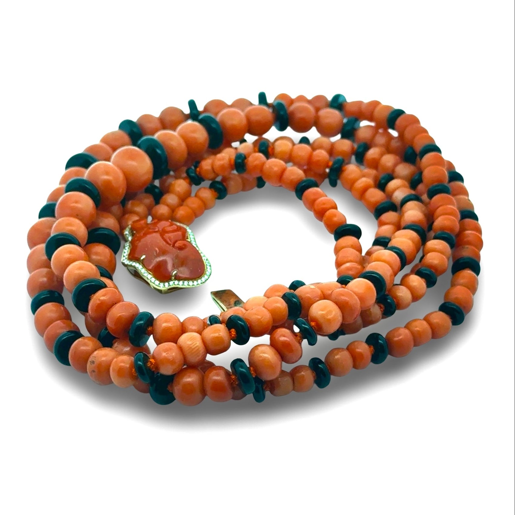 Italian Necklace, Round Brilliant Cut Diamond 0.29cttw.  H-I VS2-SI1, Coral Round, Onyx Rondelles Cut, Coral Freeform 8.85 ct.  18K Yellow Gold 19.50g