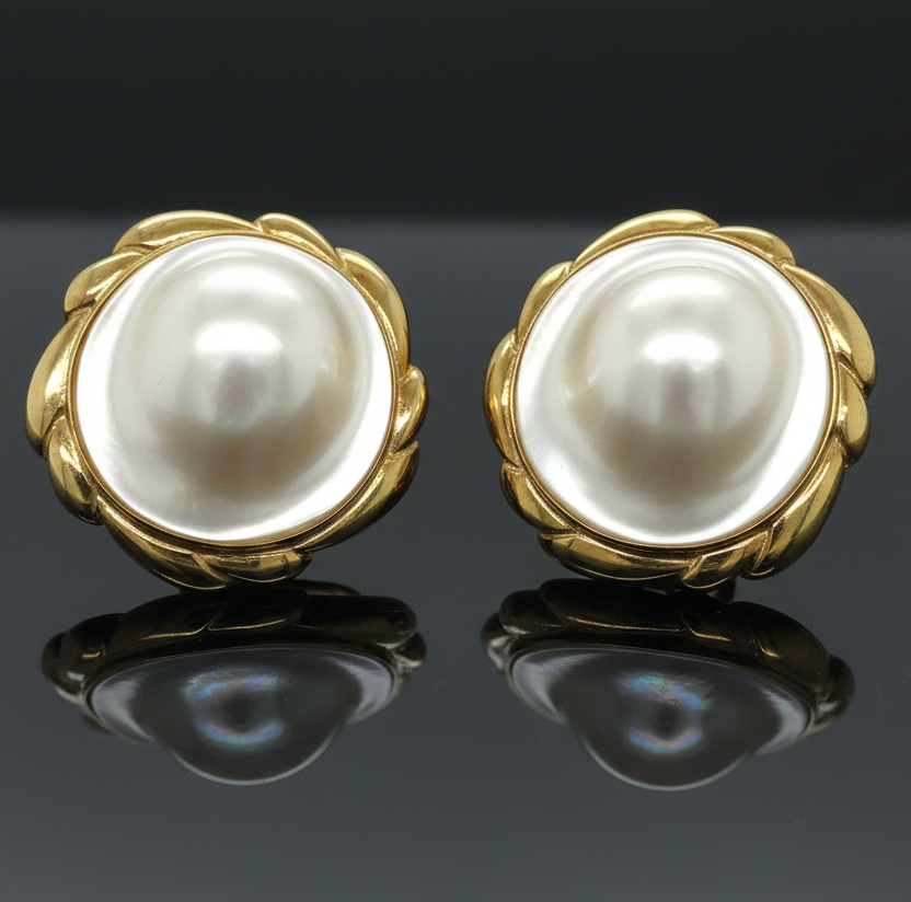 Estate Earrings, Freeform Pearl, 18K Yellow Gold 14.00g