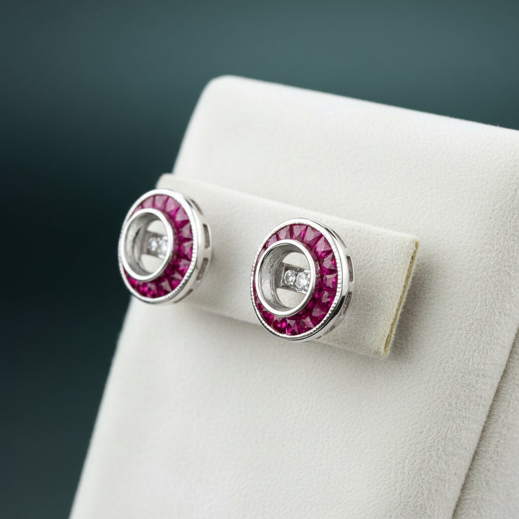 Semi Mount Earrings, 32 Ruby 0.93 cttw, 18K White Gold 2.20g