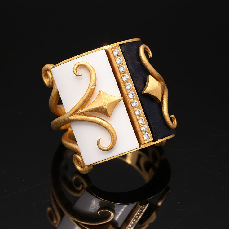 Estate Fibula Ring, Round Diamond 0.10 cttw G VS1, Black & White Ceramic, 18K Yellow Gold 23.50g