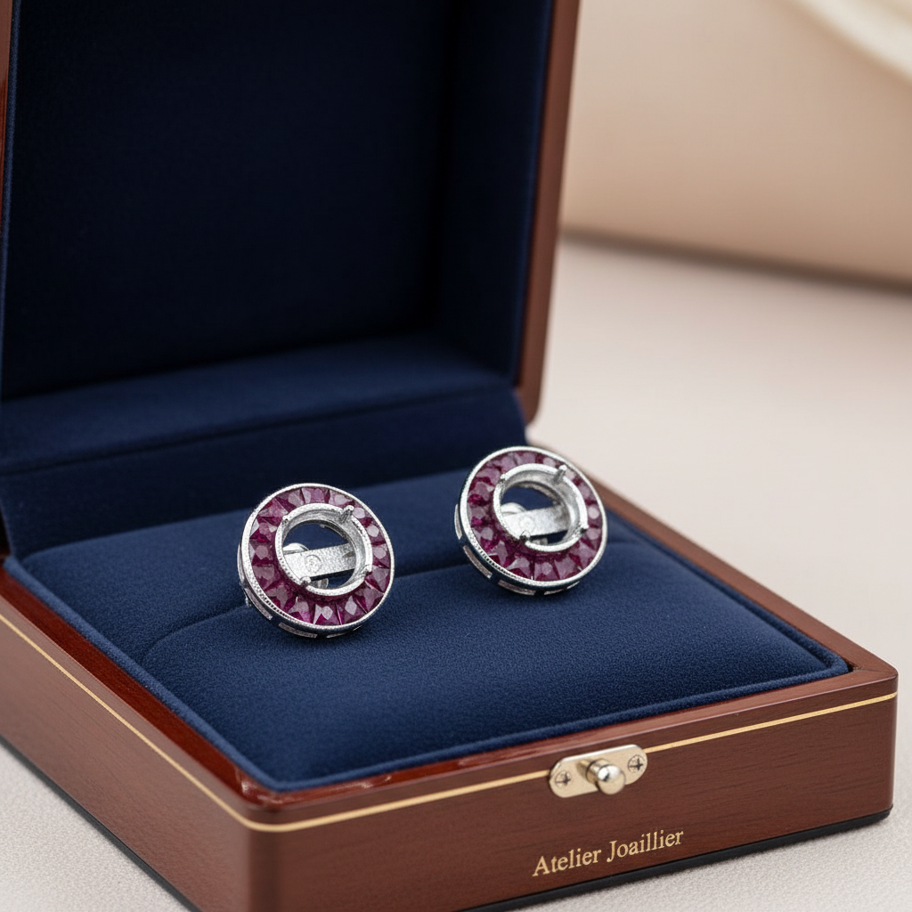 Semi Mount Earrings, 32 Ruby 1.83 cttw, 18K White Gold 3.30g