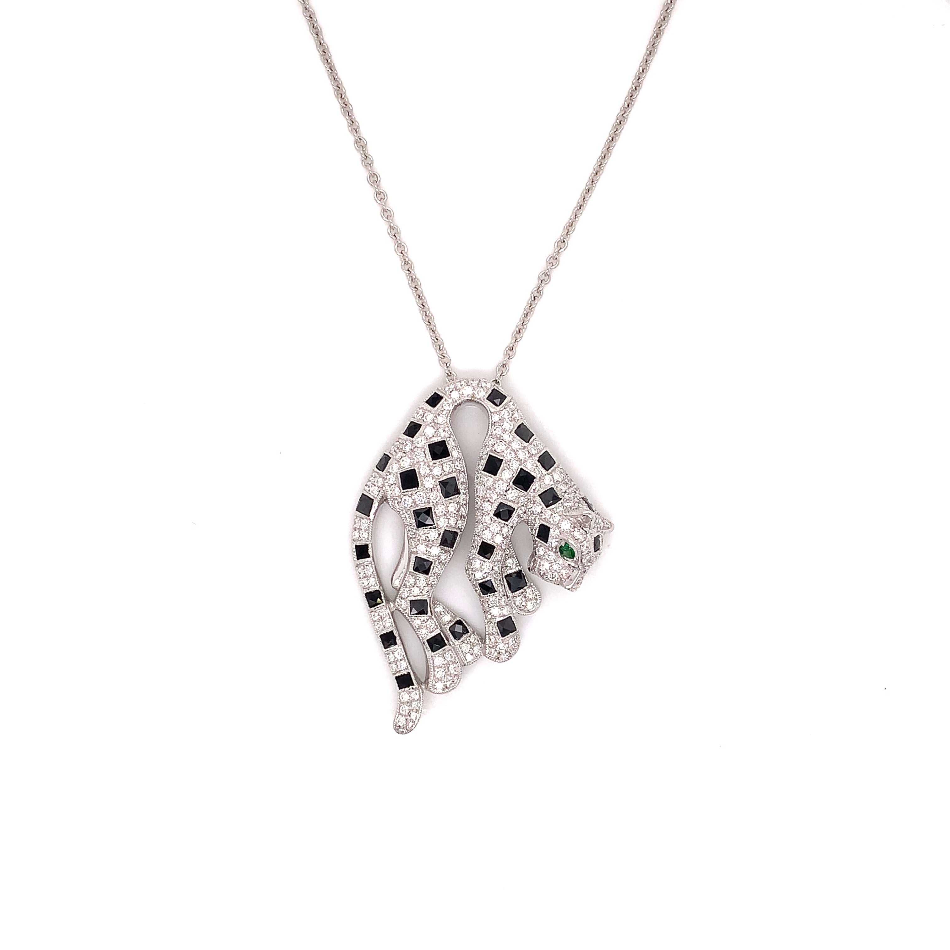 Panther Pendant w/ Chain, Round Diamond 2.01 cttw G-H VS1-SI1, Onyx 0.79 cttw, 1 Tsavorite 0.05 ct, 18K White Gold 9.66g