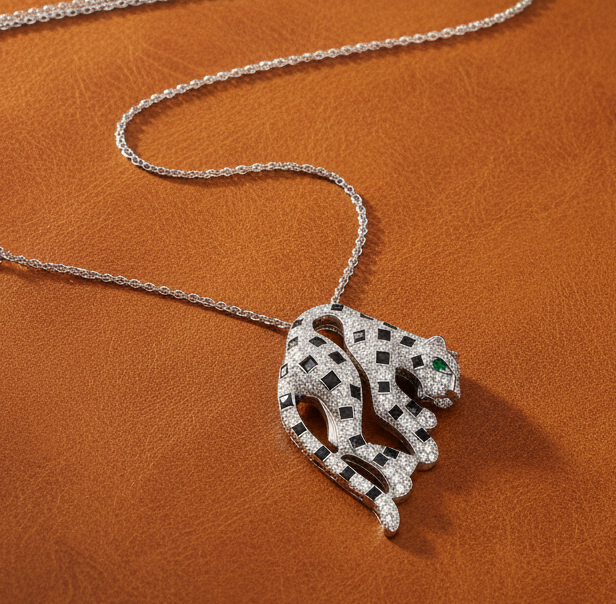 Panther Pendant w/ Chain, Round Diamond 2.01 cttw G-H VS1-SI1, Onyx 0.79 cttw, 1 Tsavorite 0.05 ct, 18K White Gold 9.66g
