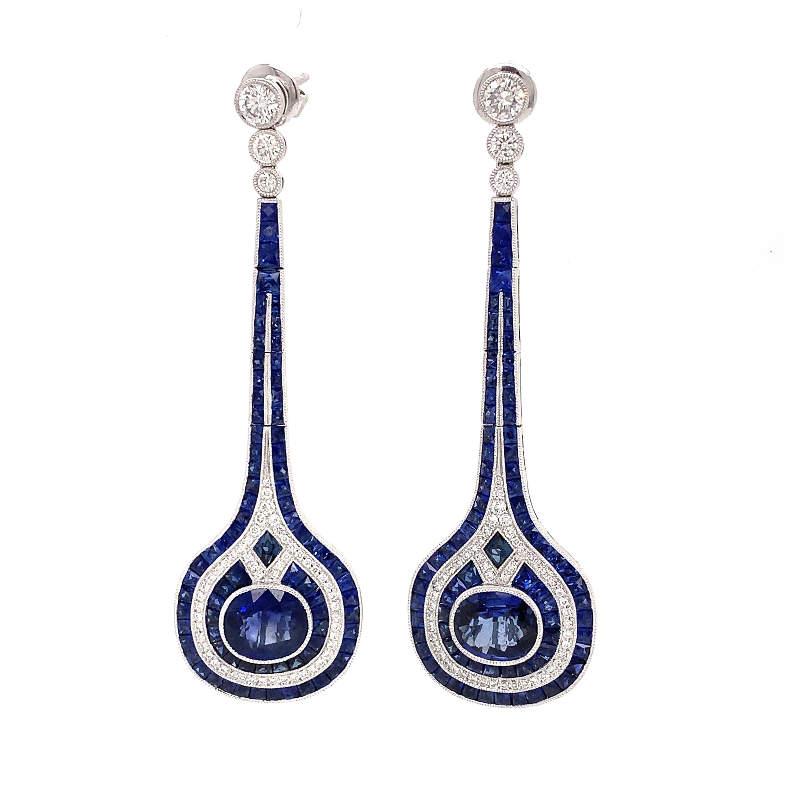 Drop Earrings, 112 Round Diamond 1.00 cttw, 2 Oval Sapphire 4.07 cttw, 142 Sapphire 7.06 cttw, 18K White Gold 13.61g