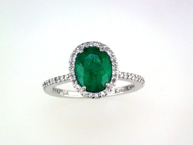 Effy Halo Ring, 1 Oval Emerald 1.52 ct, Round Diamond 0.25 cttw H-I SI2-I1, 14K White Gold 3.60g