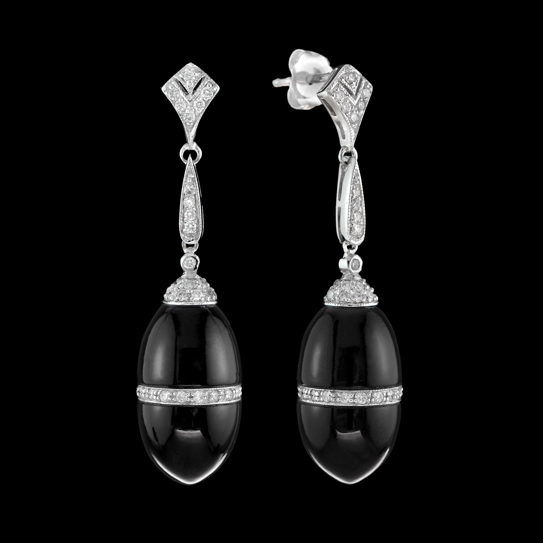 Dangle Earrings, 94 Round Diamond 0.64 cttw G-H VS-SI, 2 Onyx 28.46 cttw, 14K White Gold 3.56g