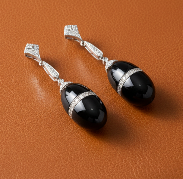 Dangle Earrings, 94 Round Diamond 0.64 cttw G-H VS-SI, 2 Onyx 28.46 cttw, 14K White Gold 3.56g